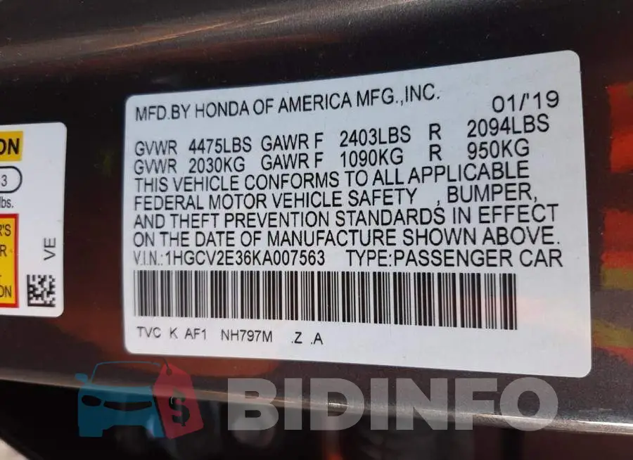 1HGCV2E36KA007563 Photo# 12