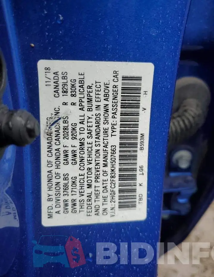 2HGFC2F83KH507663 Photo# 12