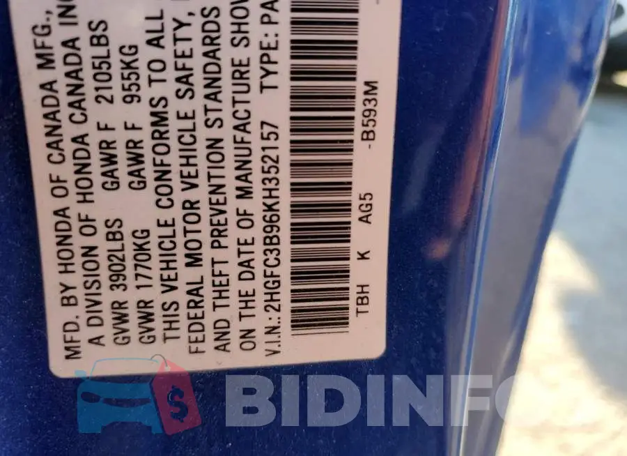 2HGFC3B96KH352157 Photo# 12
