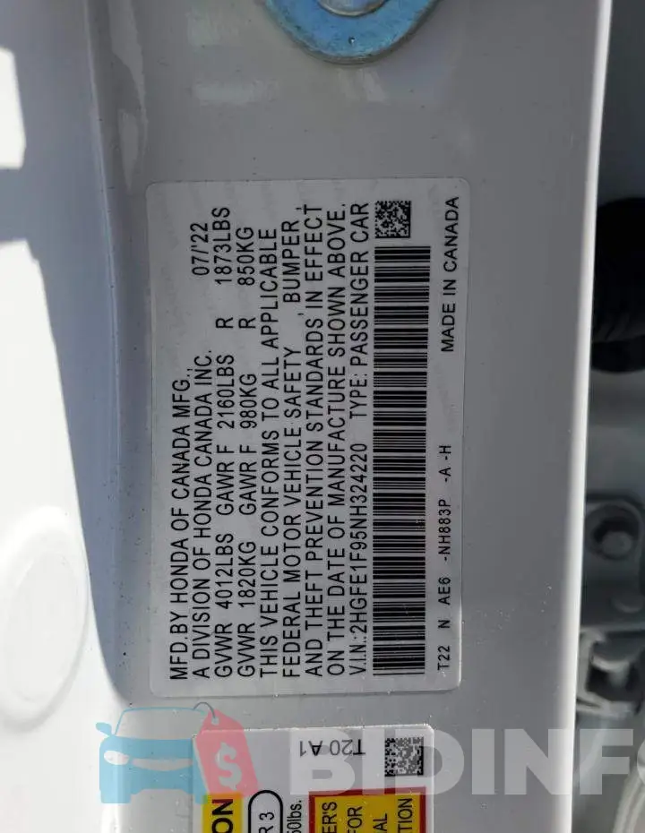 2HGFE1F95NH324220 Photo# 13