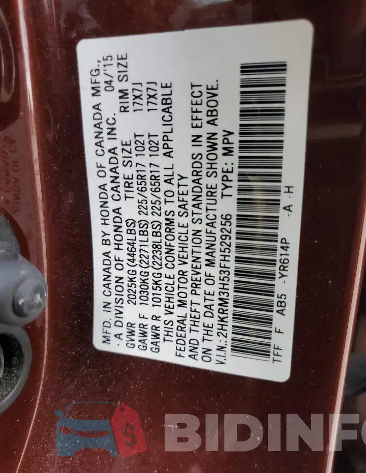 2HKRM3H53FH529256 Photo# 13