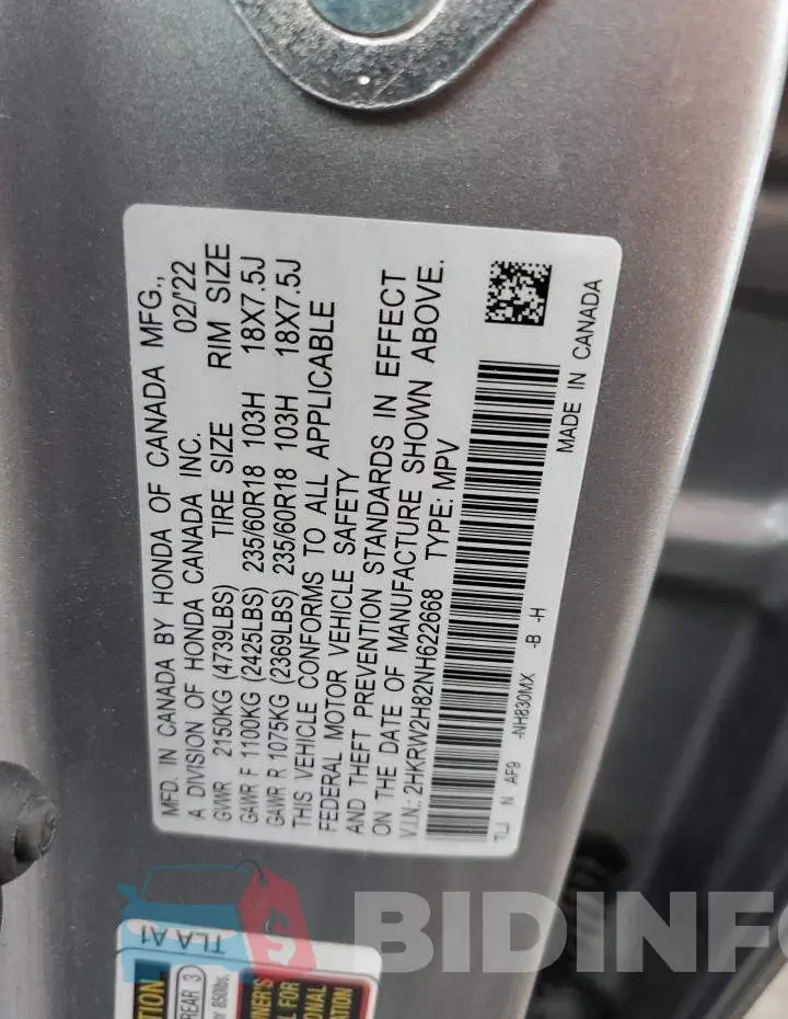 2HKRW2H82NH622668 Photo# 12