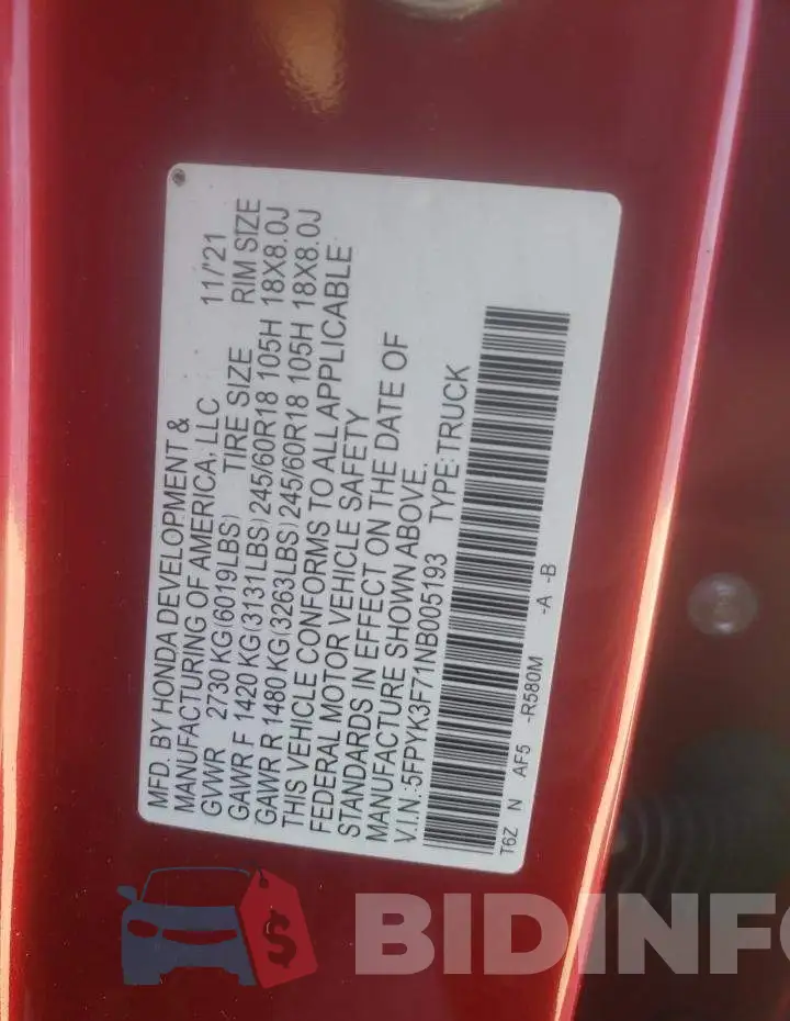 5FPYK3F71NB005193 Photo# 12