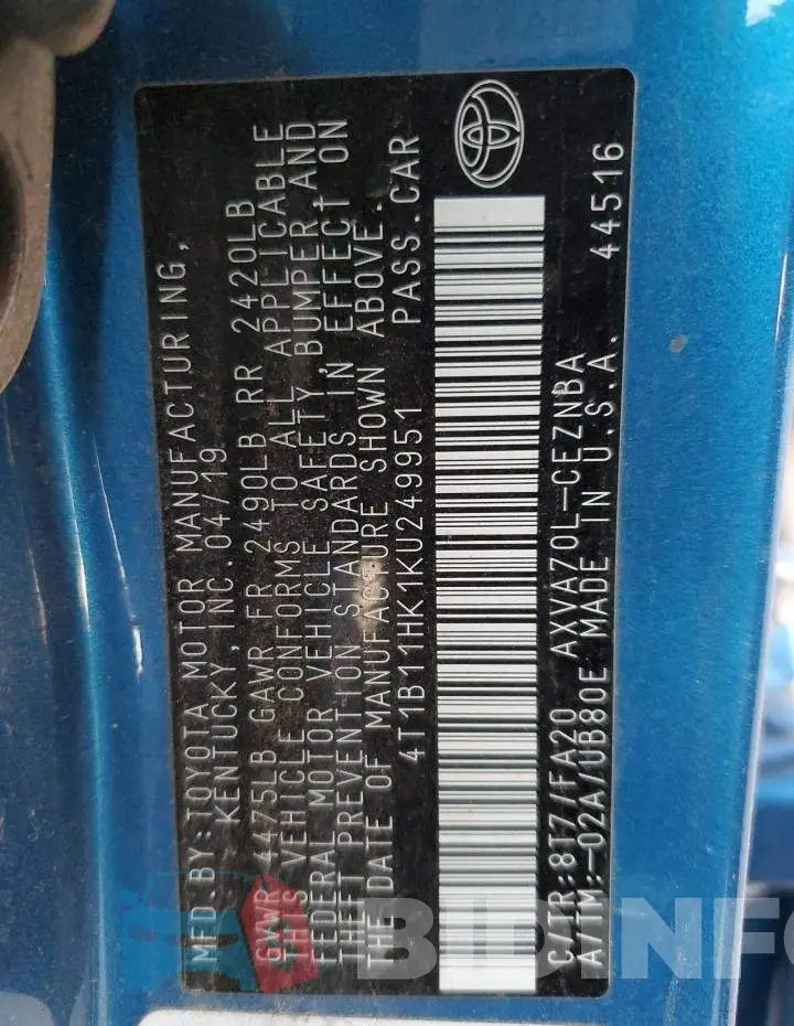 4T1B11HK1KU249951 Photo# 13