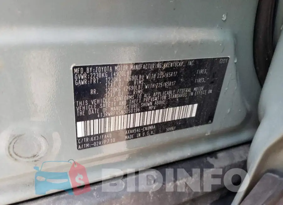 4T3RWRFV5NU050196 Photo# 13