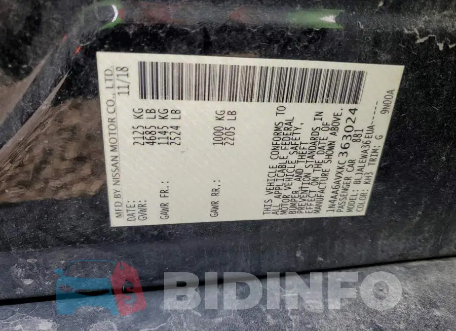 1N4AA6AVXKC363024 Photo# 12