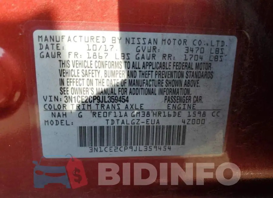 3N1CE2CP9JL359454 Photo# 12