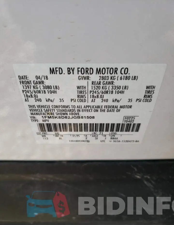 1FM5K8D82JGB81508 Photo# 14