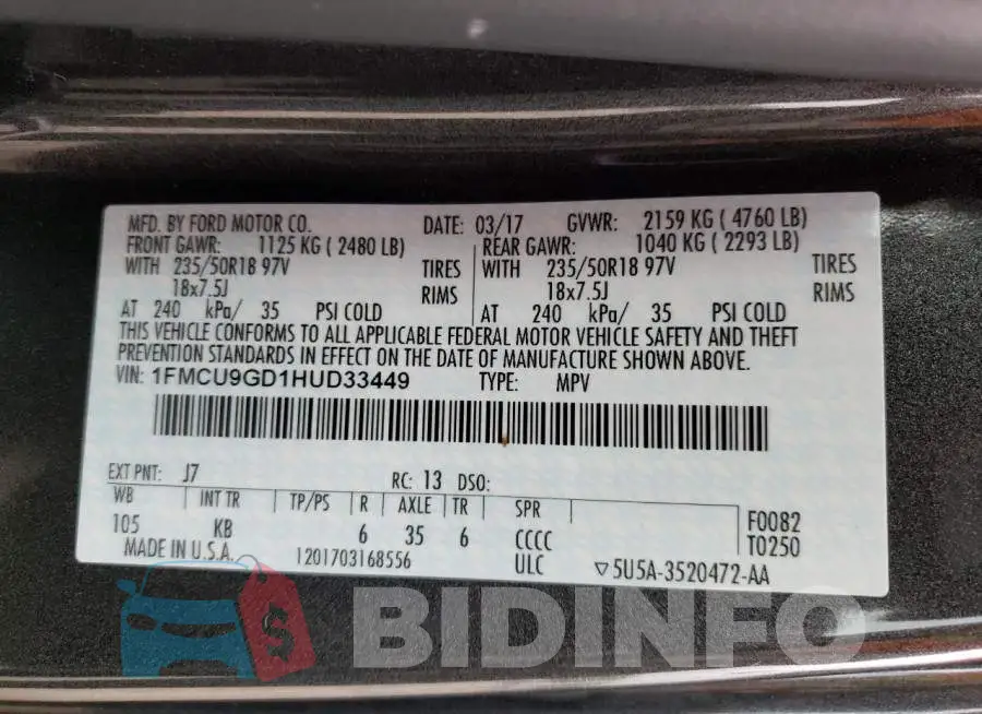 1FMCU9GD1HUD33449 Photo# 14
