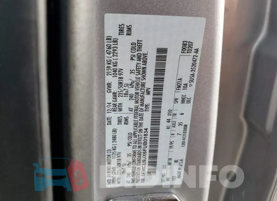 1FMCU9JX6FUB01834 Photo# 13