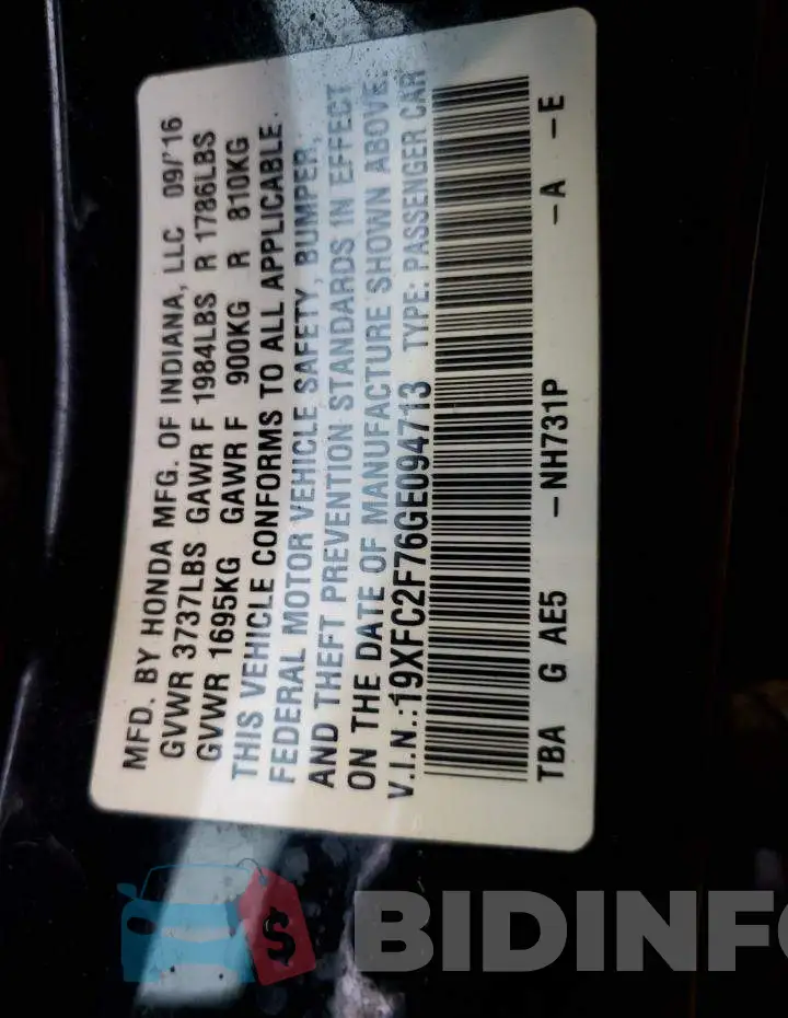 19XFC2F76GE094713 Photo# 12