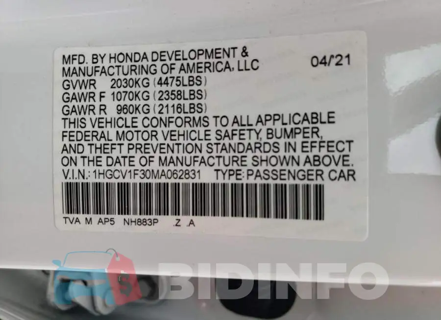 1HGCV1F30MA062831 Photo# 12