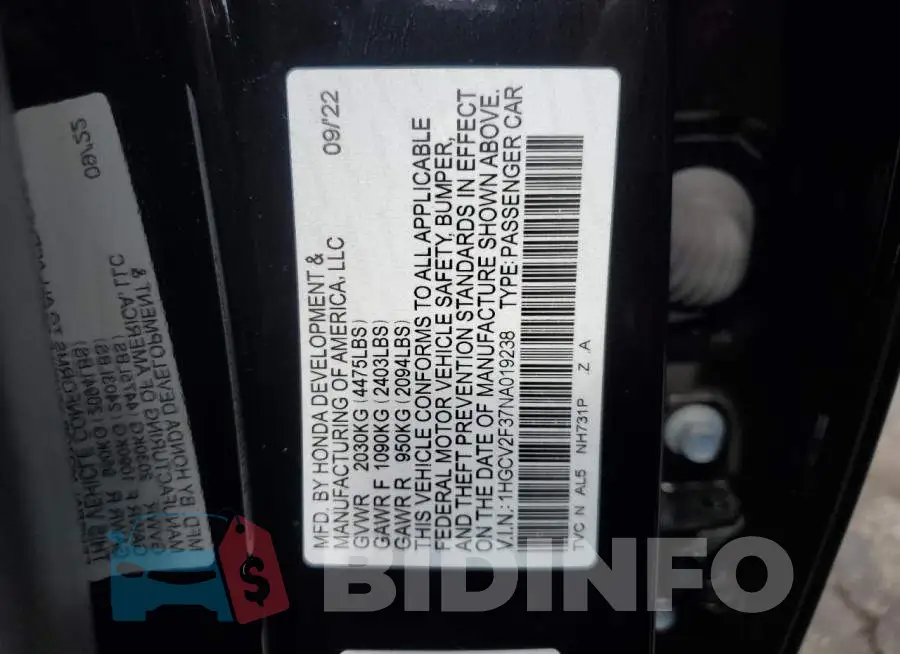 1HGCV2F37NA019238 Photo# 12