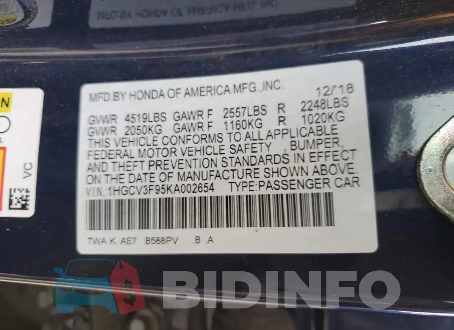 1HGCV3F95KA002654 Photo# 12