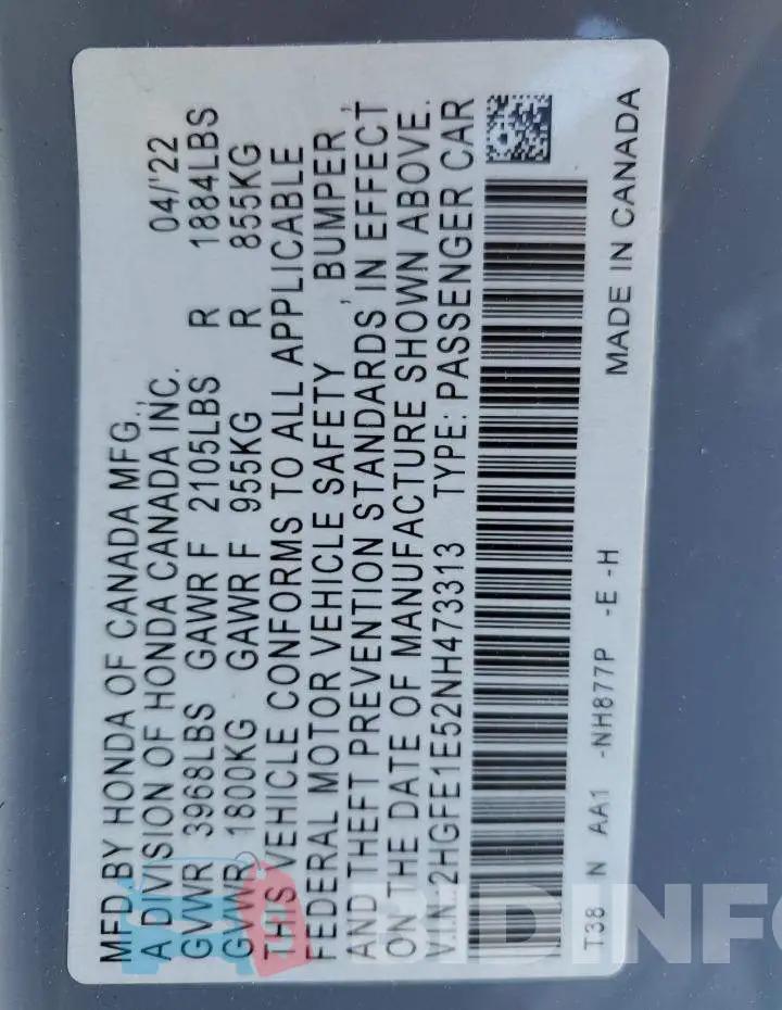 2HGFE1E52NH473313 Photo# 12