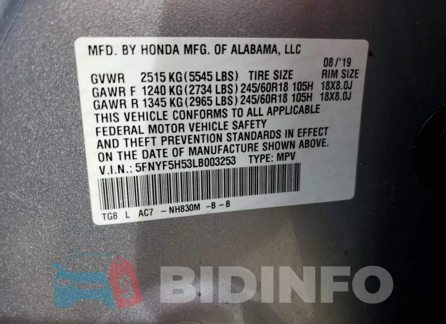 5FNYF5H53LB003253 Photo# 13