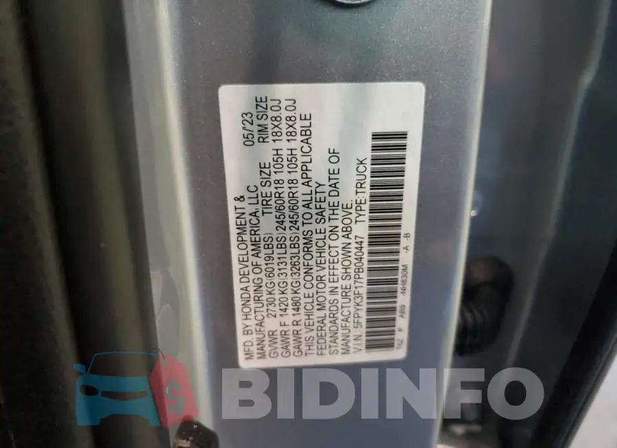 5FPYK3F17PB040447 Photo# 13
