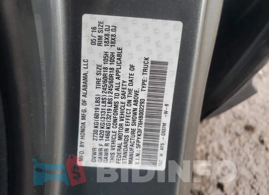5FPYK3F76HB002293 Photo# 12