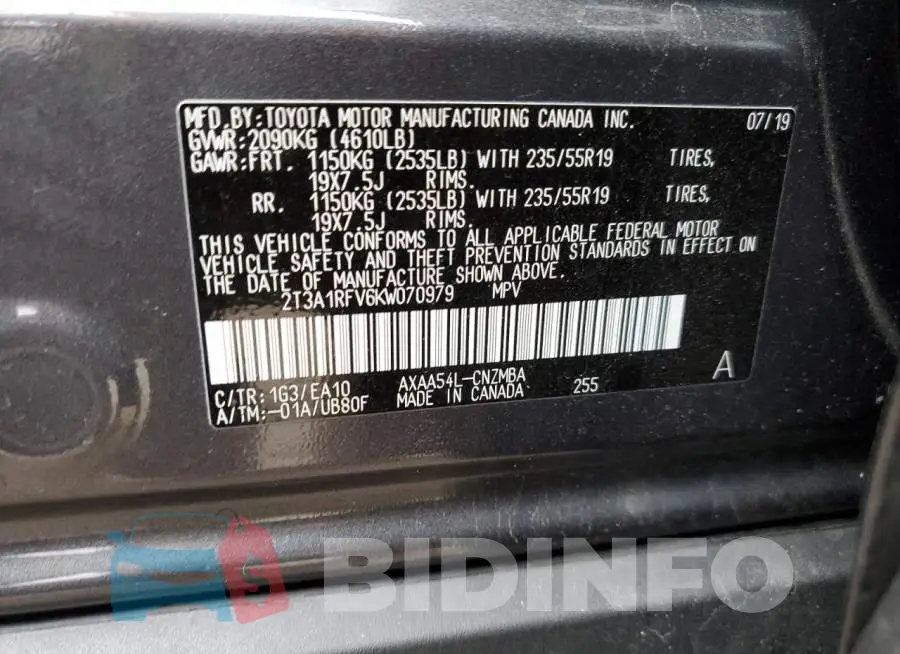 2T3A1RFV6KW070979 Photo# 13