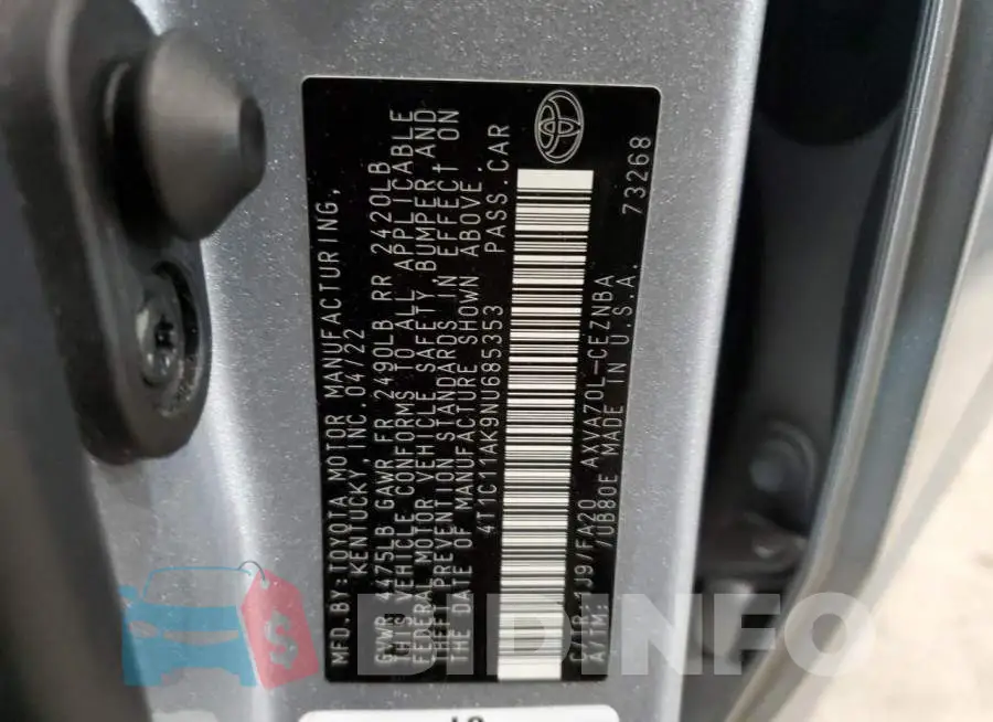 4T1C11AK9NU685353 Photo# 12