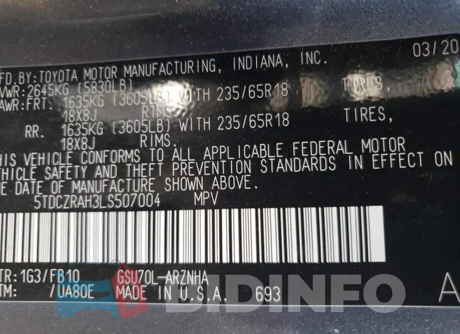 5TDCZRAH3LS507004 Photo# 14