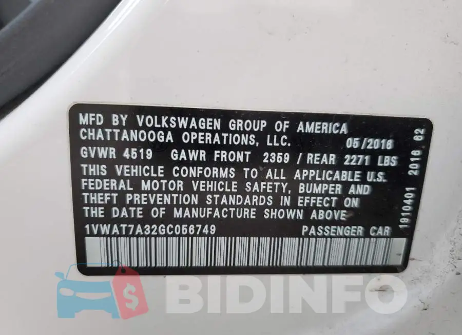 1VWAT7A32GC056749 Photo# 12