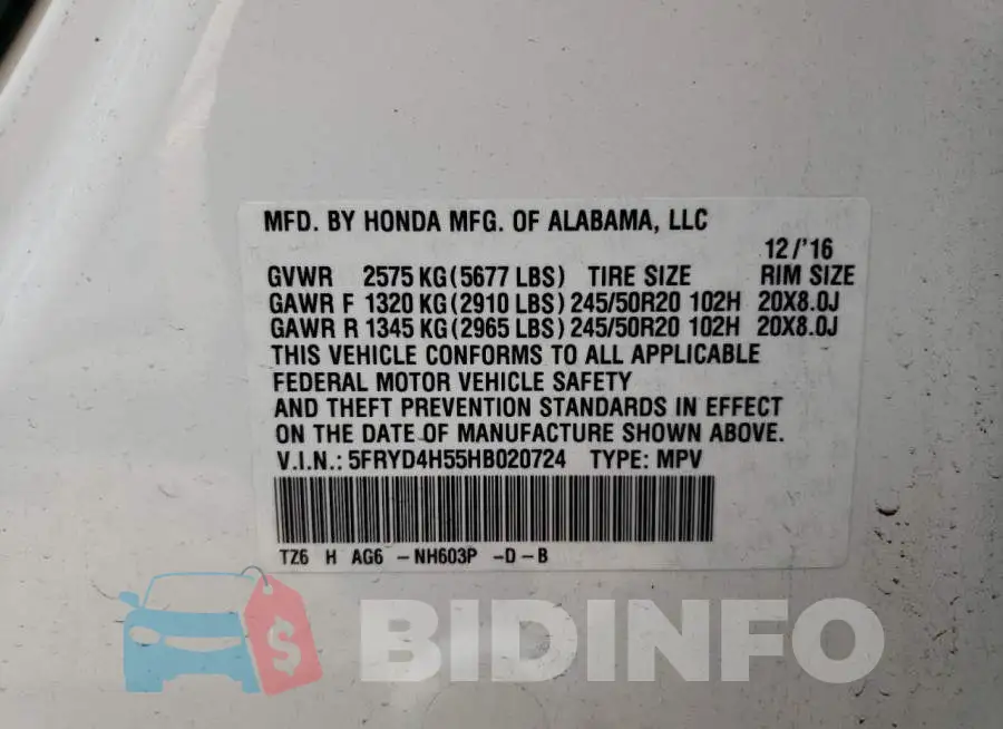 5FRYD4H55HB020724 Photo# 13