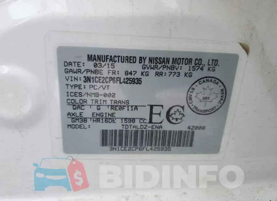 3N1CE2CP6FL425935 Photo# 13