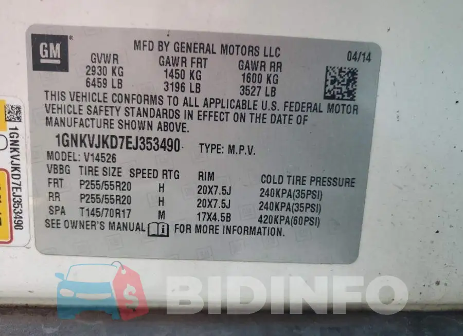1GNKVJKD7EJ353490 Photo# 14