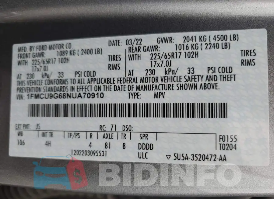 1FMCU9G68NUA70910 Photo# 13