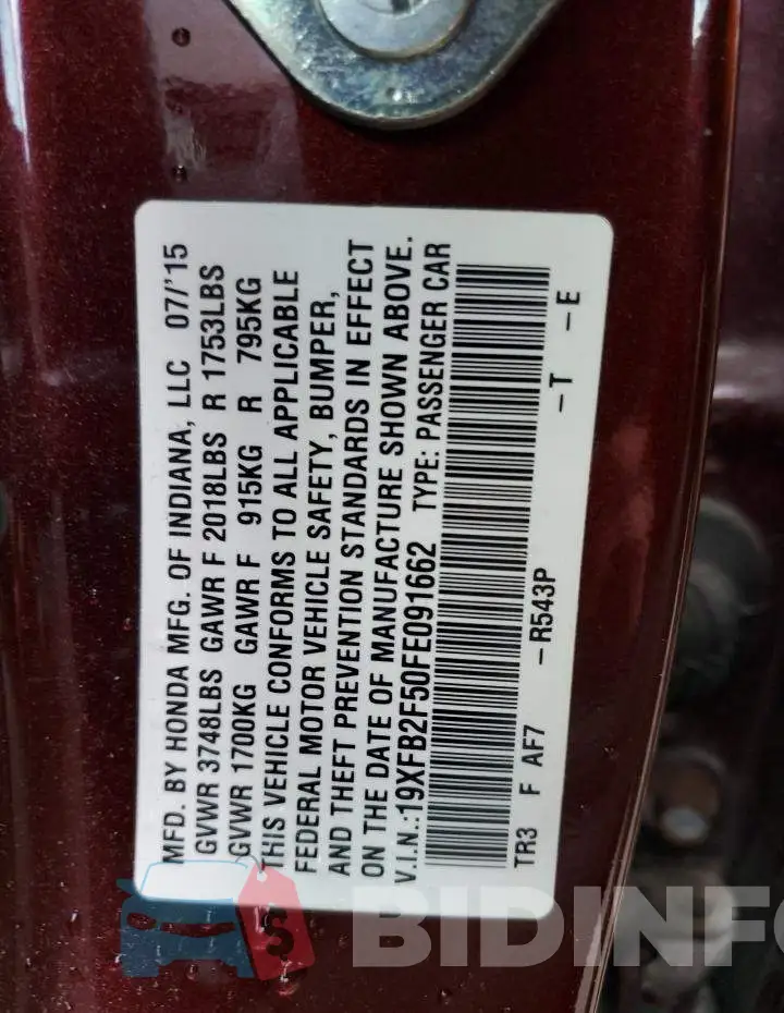19XFB2F50FE091662 Photo# 13