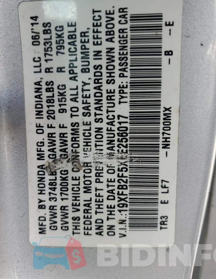 19XFB2F5XEE256017 Photo# 12