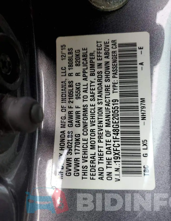 19XFC1F48GE205519 Photo# 12
