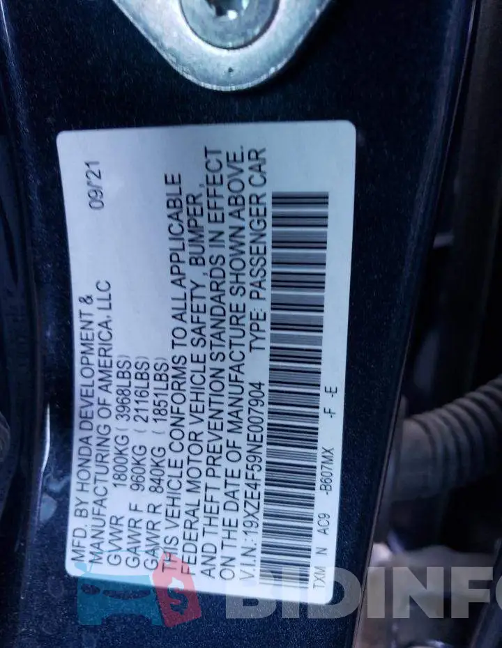 19XZE4F59NE007904 Photo# 12