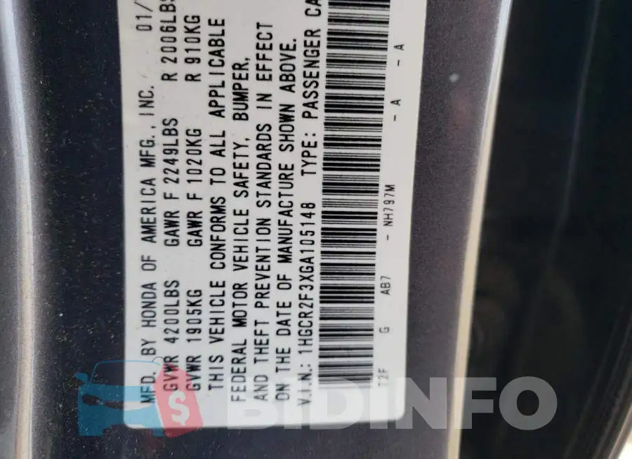 1HGCR2F3XGA105148 Photo# 12