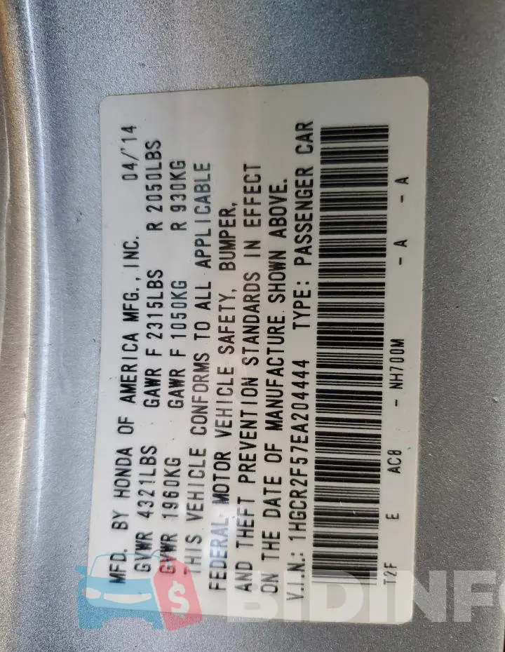 1HGCR2F57EA204444 Photo# 12