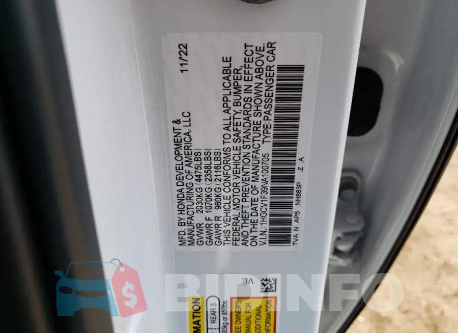 1HGCV1F39NA100705 Photo# 12