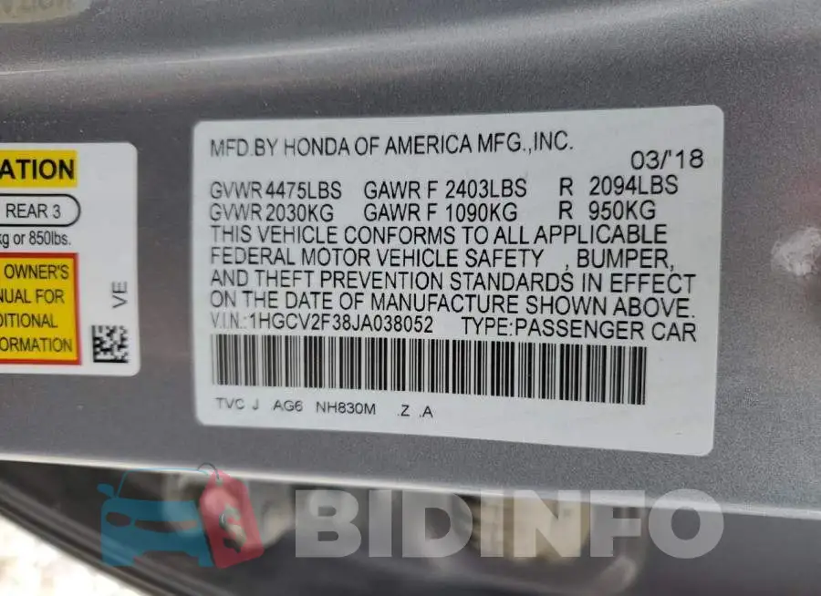 1HGCV2F38JA038052 Photo# 12