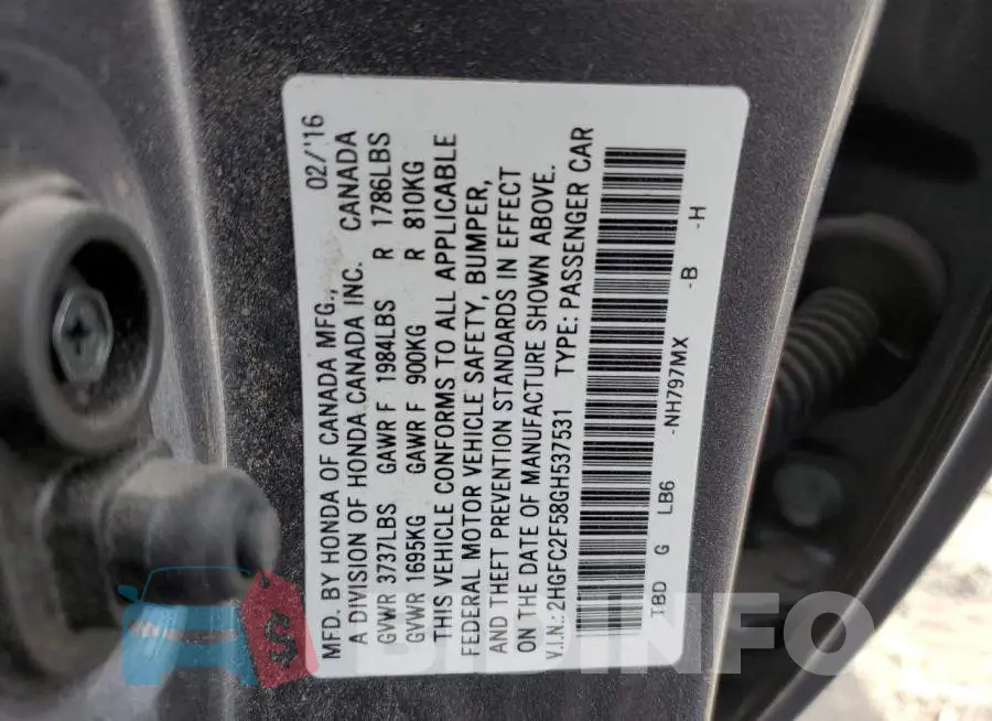 2HGFC2F58GH537531 Photo# 13
