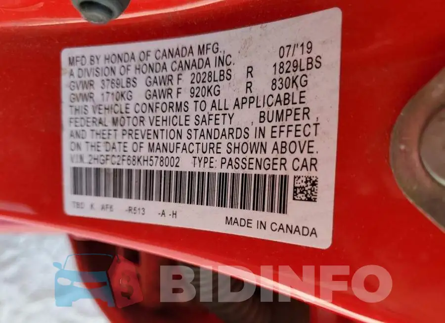 2HGFC2F68KH578002 Photo# 12