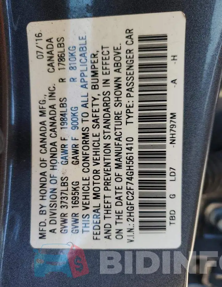 2HGFC2F74GH561410 Photo# 13