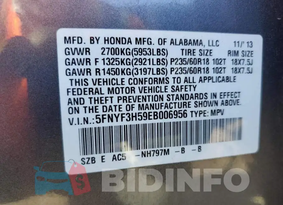 5FNYF3H59EB006956 Photo# 14