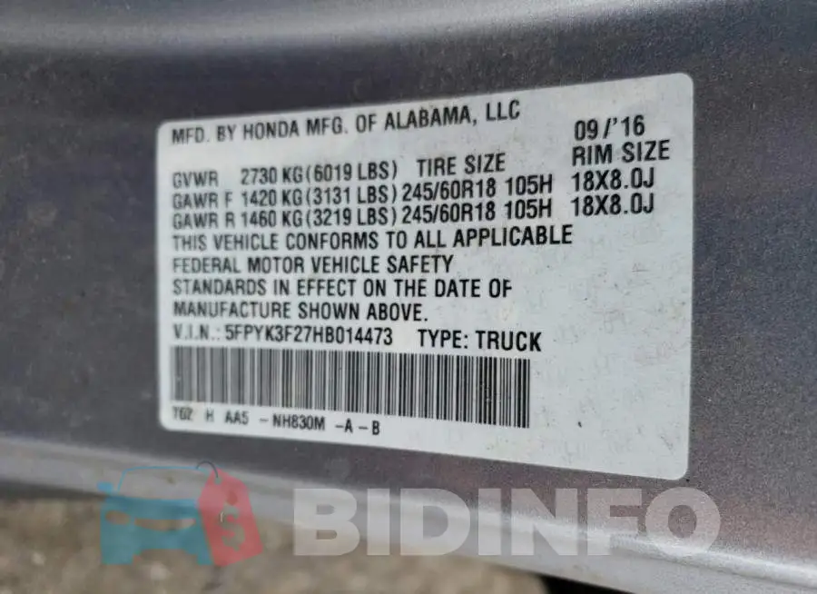 5FPYK3F27HB014473 Photo# 12