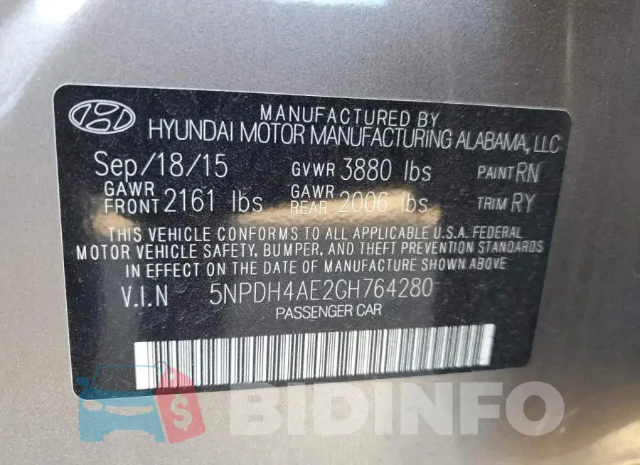 5NPDH4AE2GH764280 Photo# 12