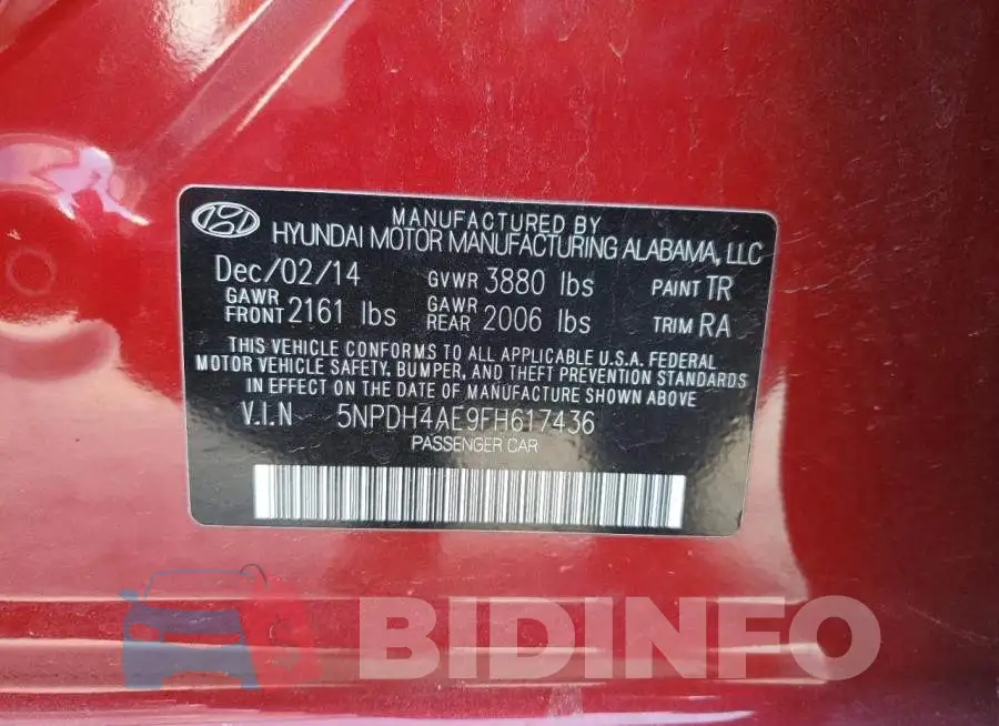 5NPDH4AE9FH617436 Photo# 12