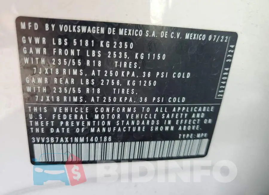 3VV3B7AX1NM140186 Photo# 13