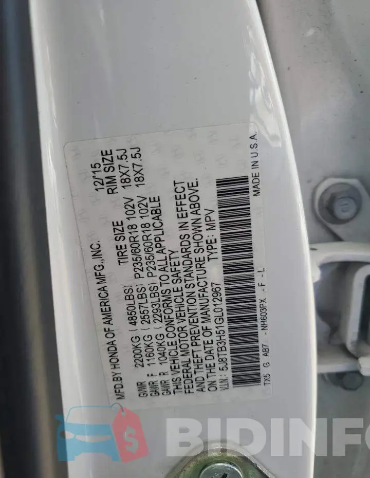 5J8TB3H51GL012967 Photo# 12