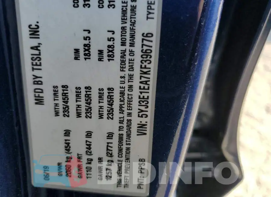 5YJ3E1EA7KF396776 Photo# 12
