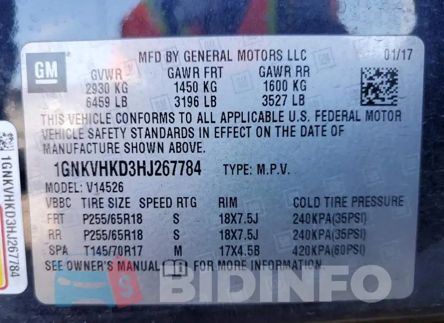 1GNKVHKD3HJ267784 Photo# 14