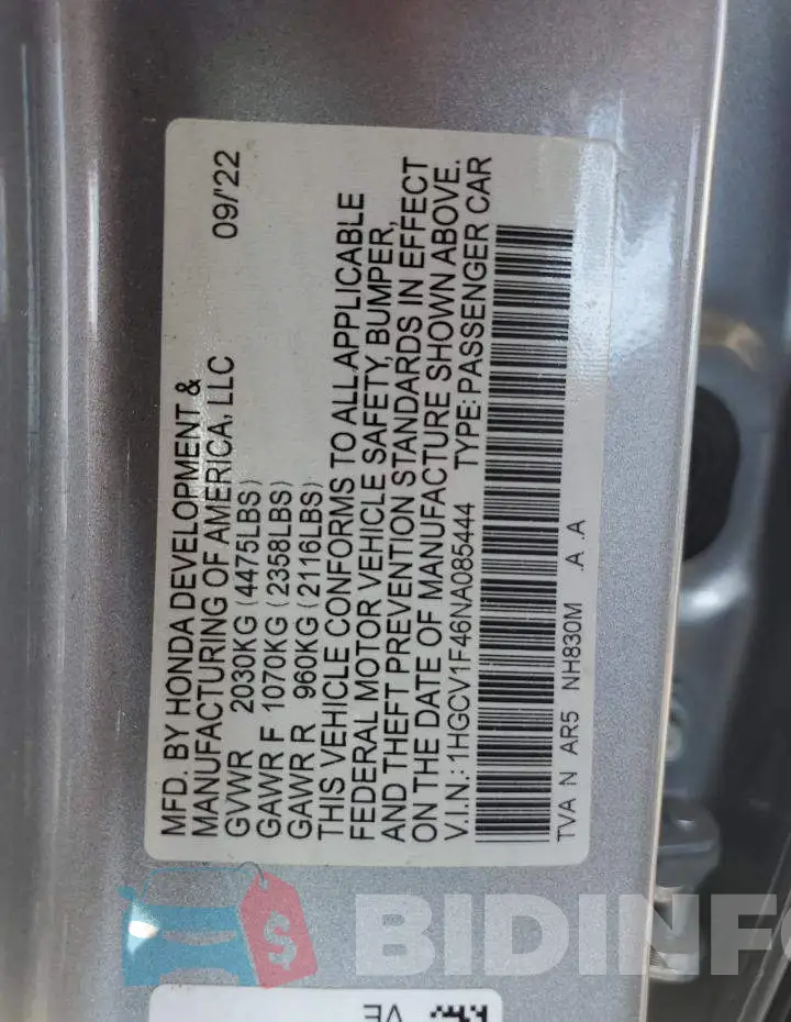 1HGCV1F46NA085444 Photo# 13